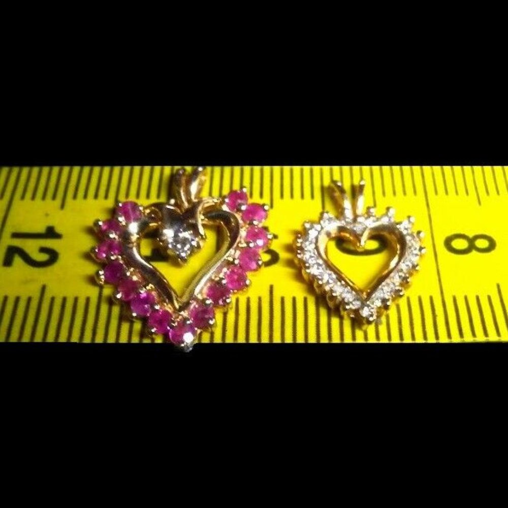 Solid 10k Yellow Gold Two Hearts Pendants Rubies Diamonds Accent